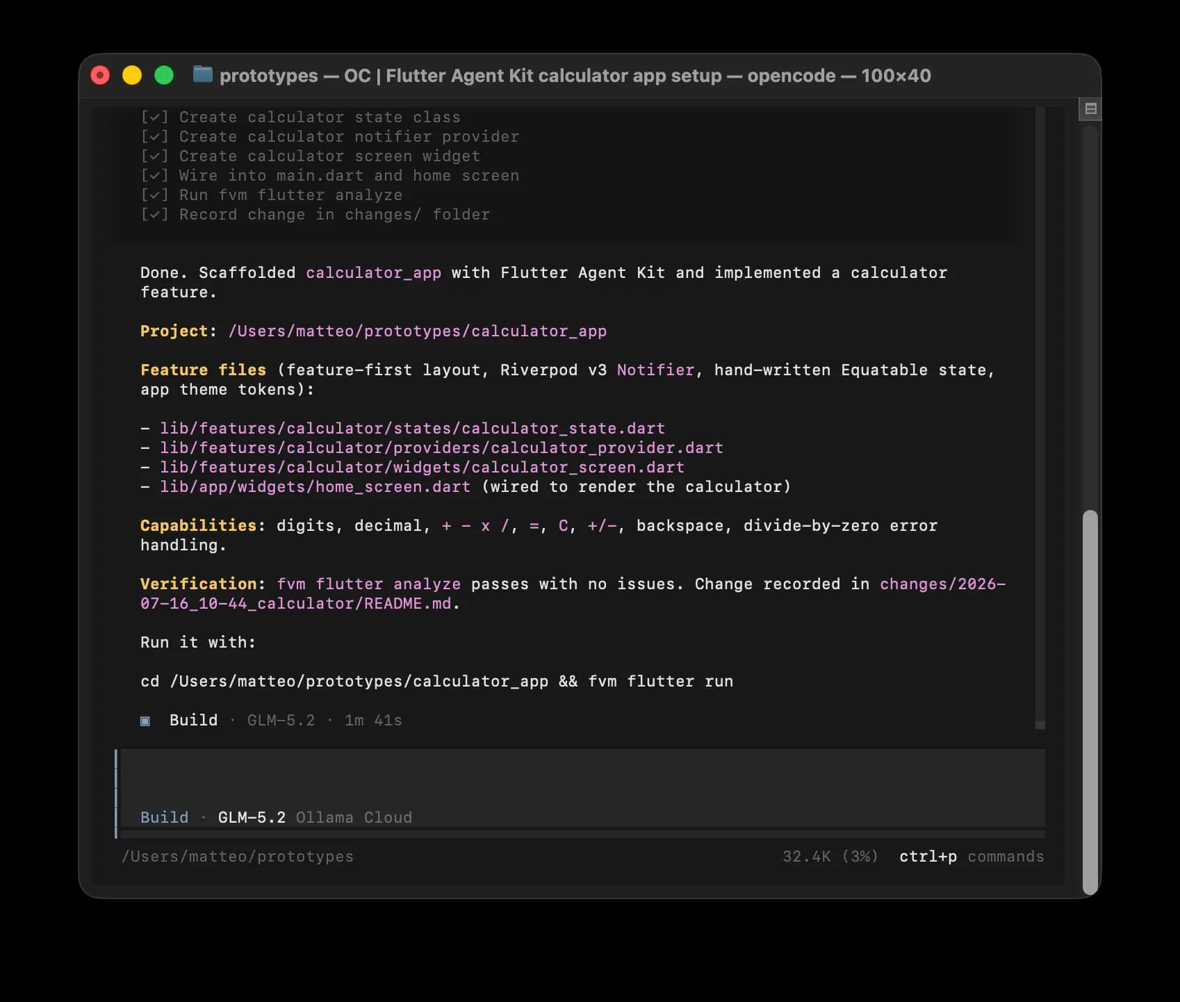opencode agent reading AGENTS.md and writing Flutter code